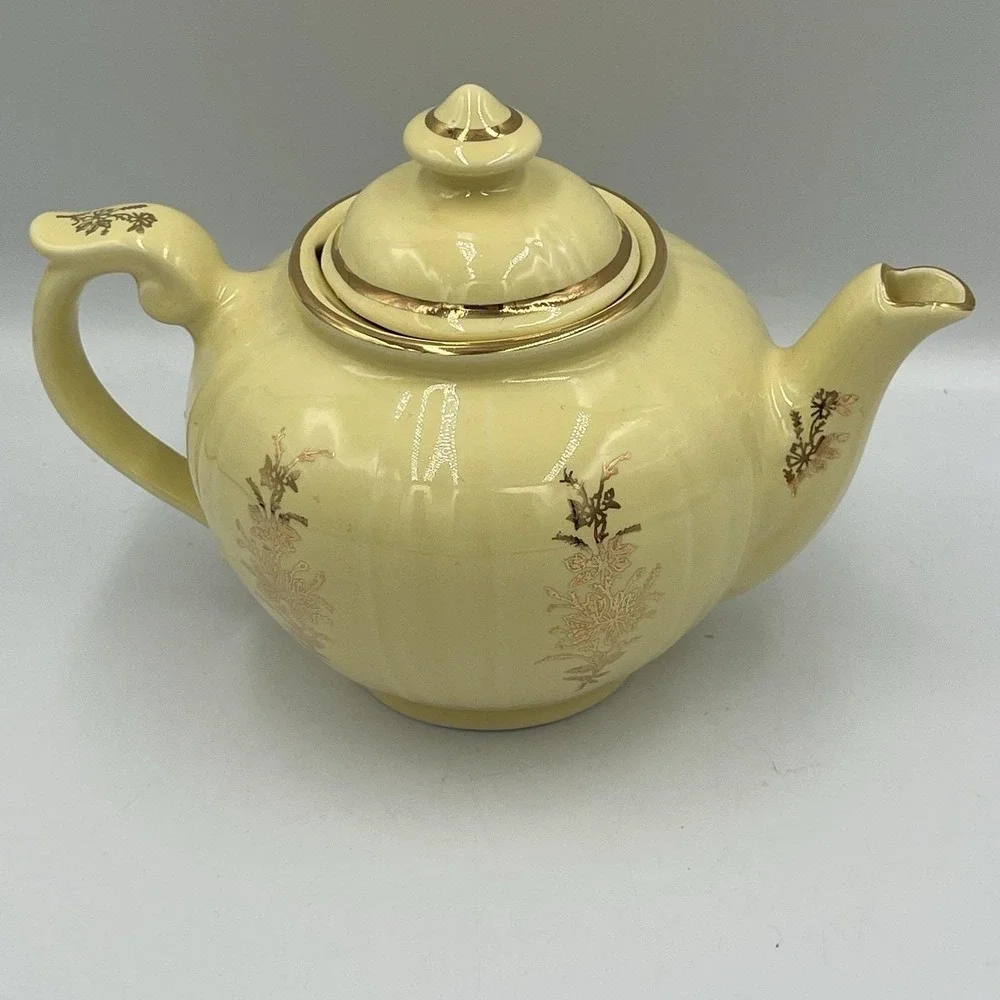 Vintage Pearl China Teapot Yellow with Lid 22K Trim And Flowers 5.5